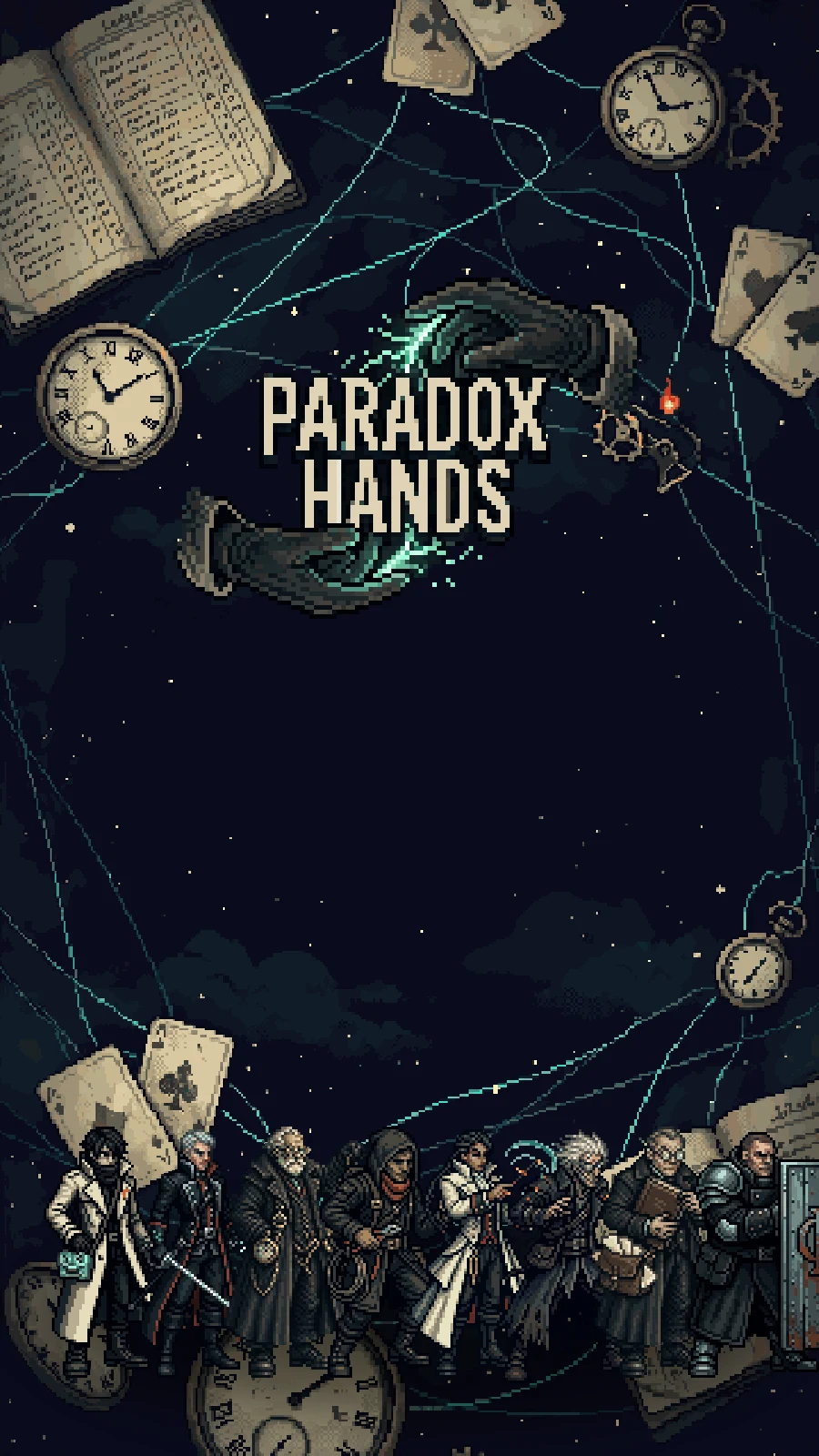 Paradox Hands key art: the logo over a night sky of pocket watches, with the eight time agents below