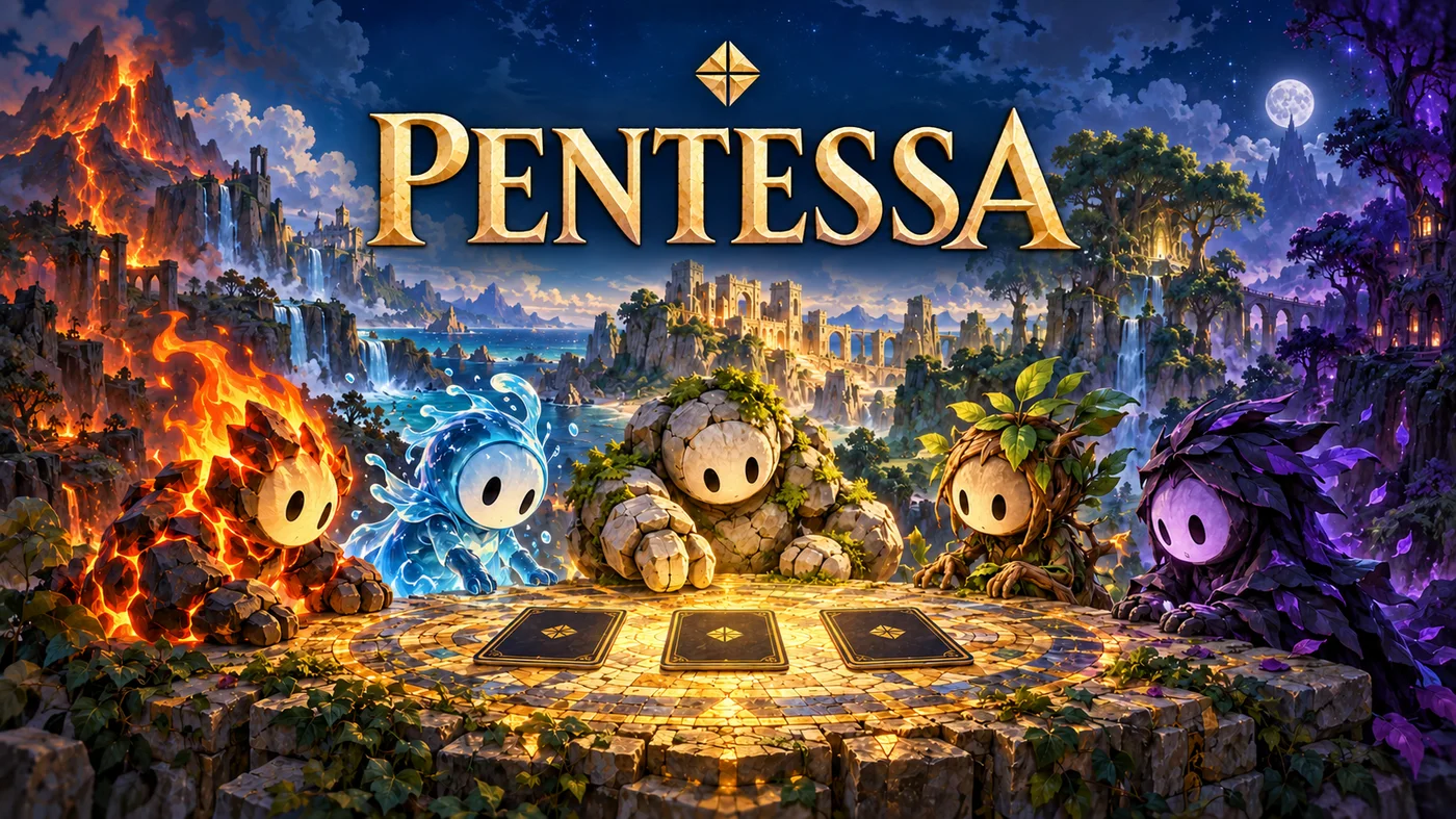 Pentessa key art: elemental creatures around a glowing card table