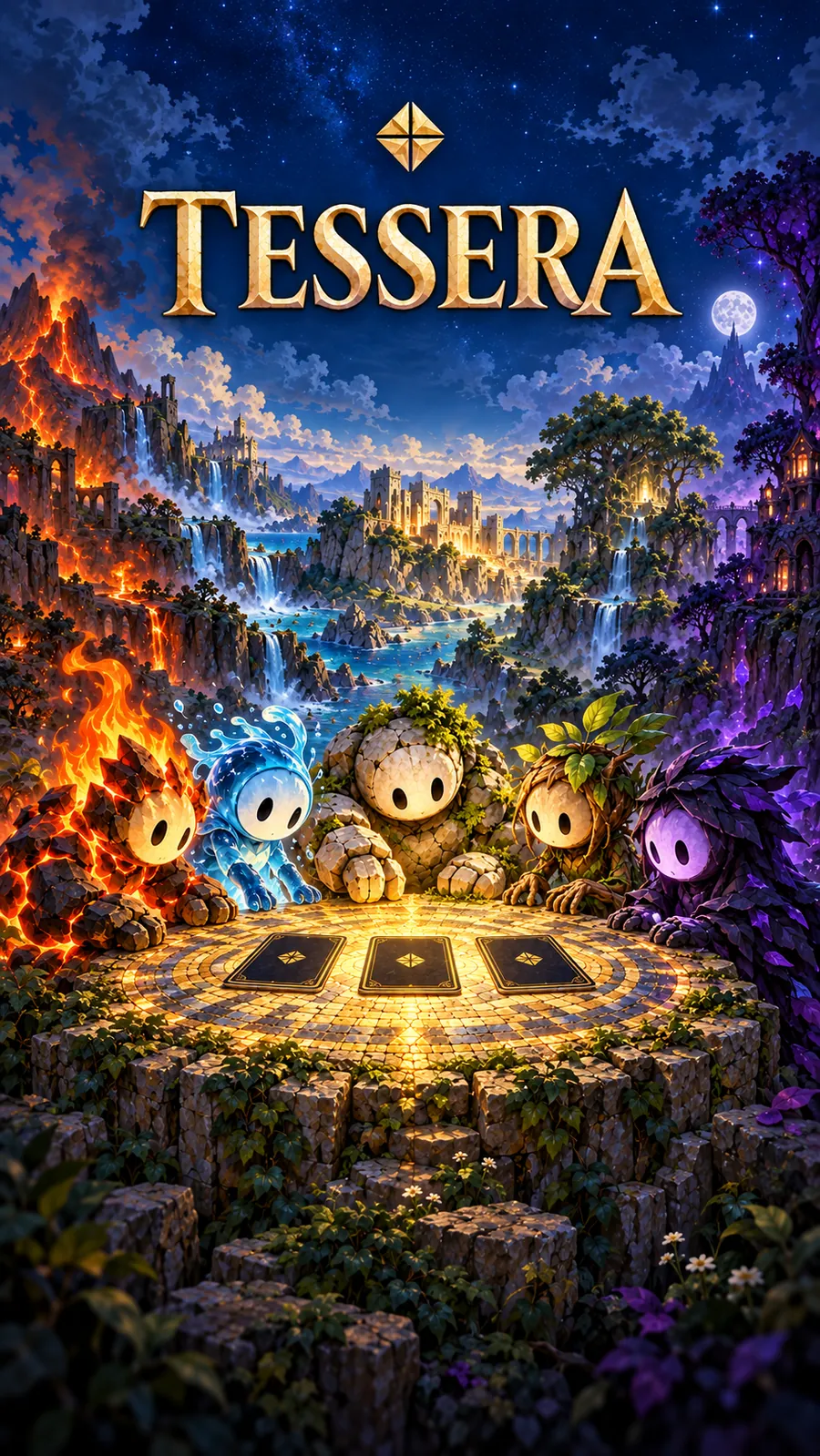 Tessera key art: four round-faced creatures around a glowing card table