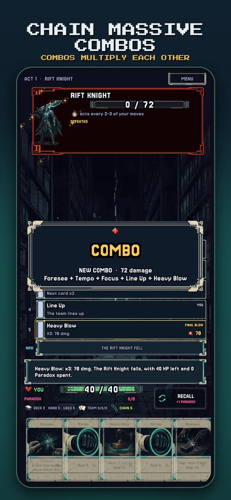 A 72-damage combo finishes the Rift Knight