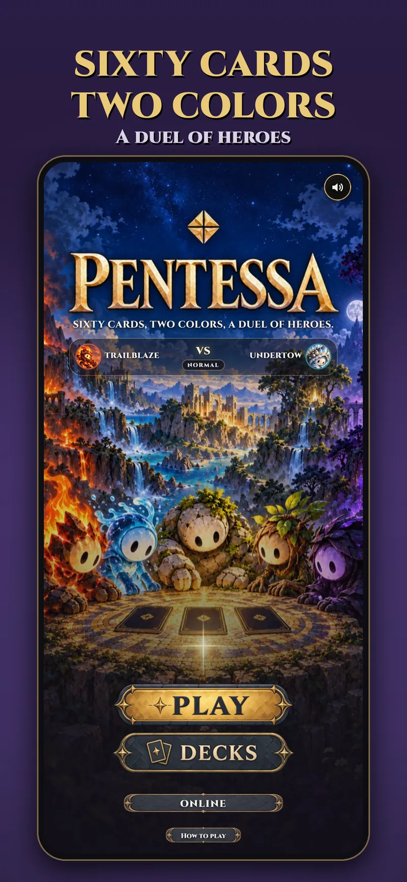 Pentessa title screen: sixty cards, two colors, a duel of heroes
