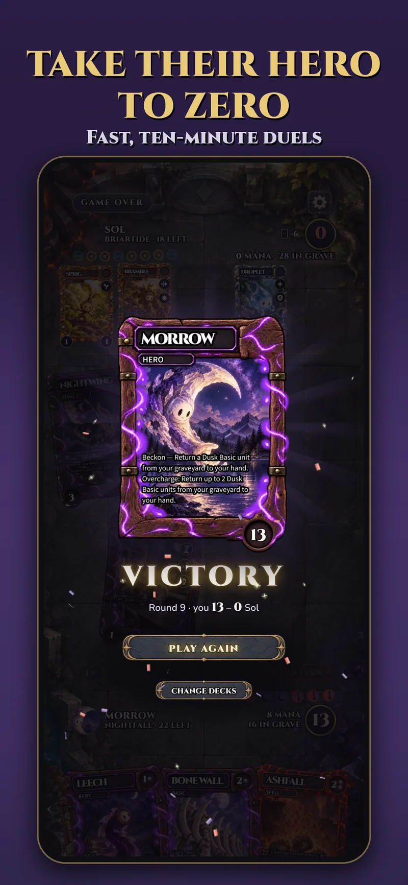 Take their hero to zero: victory screen